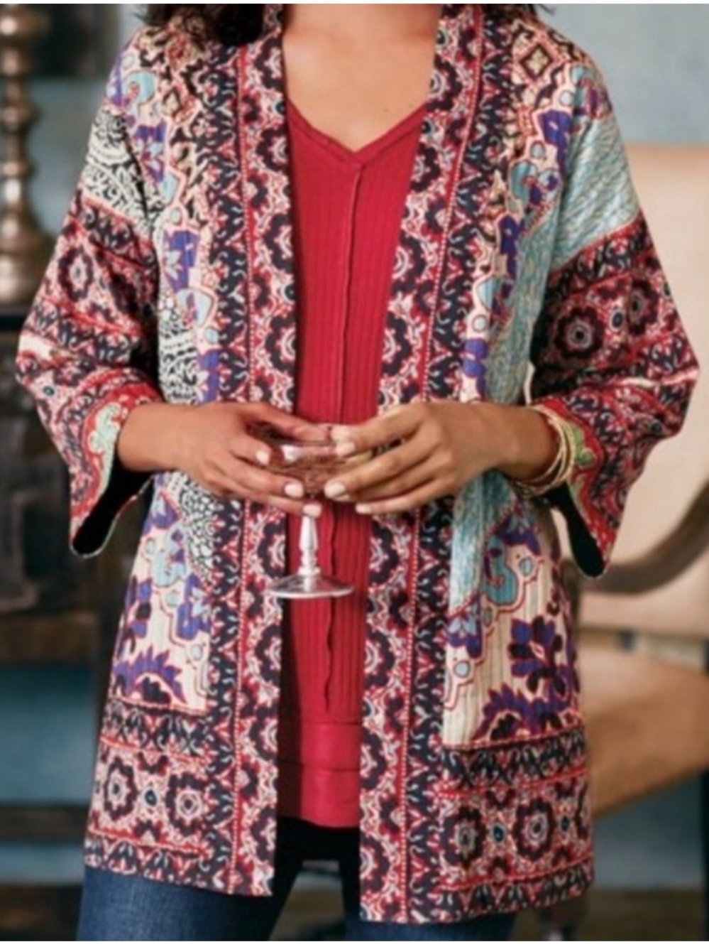 Soft Surroundings Lotus Topper Multi Floral Kimono Jacket Open Front Women's XL